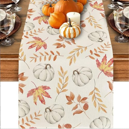 Solihigh Autumn Table Runner Halloween Pumpkins Maple Leaves Table Runner Autumn decorations Orange Dining Table Decoration for Home Party Decor 33x183 cm