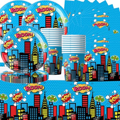 61 vajilla azul para fiesta de la casa adosada con platos de papel, vasos, servilletas y manteles, adecuado para una fiesta de cumpleaños para 20 personas