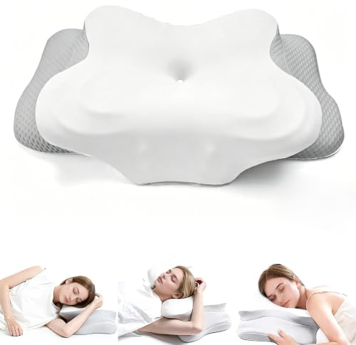 DROMEZ Almohada Cervicales y Cuello, Ergonómica Viscoelastica con Espuma de Memoria 65 kg/m³, Ortopédica Antironquidos Transpirable, para Dormir de Lado o Boca Arriba, 62x37x9/14cm