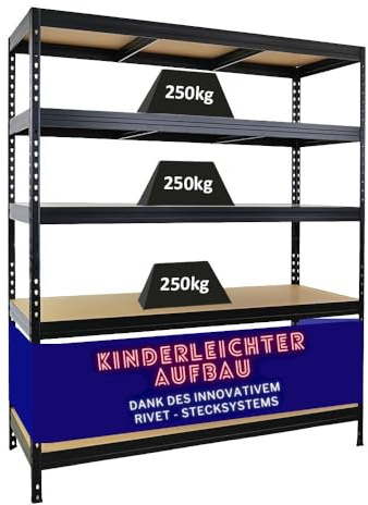 PROREGAL Scaffale per carichi pesanti Rivet | AxLxP 180x150x60cm | Portata per ripiano 250kg | Sistema Innovatio ad incastro | Nero | Magazzino Scaffalatura