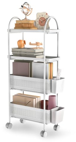 Levede Slim Storage Trolley with Pull-Out Baskets, 4-Tier Metal Narrow Rolling Cart on Silent Wheels for Kitchen Bathroom Laundry Bedroom Office, White