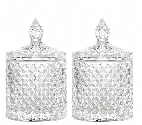 ZhouZGlass 2 Pcs Cotton Ball and Swab Holder, Crystal Glass Candy Jar with Lid, Clear Storage Decor Jar for Apothecary, Bathroom, Kitchen, and Pantry