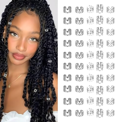 50Pcs Silvery Hair Jewelry,Gold hair Cuffs Multiple Styles Dreadlock Accessories for Women/Men Christmas, Birthdays, Halloween, and Music Festival Party Braiding Decorations.