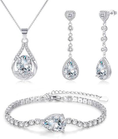 Zecimi Schmuck Set Damen, Tropfen Silber Ohrhänger & Halskette & Armband | Schmuckset mit Farbig Zirkonia Kristall, 925 Sterling Silber Hypoallergen Brautschmuck für Damen, Modeschmuck für Frau