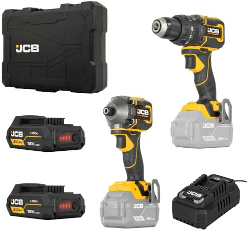 JCB Pro 18V 2-Piece Kit, 75Nm Combi Drill, 230Nm Impact Driver, 2X 2Ah Batteries, 4.5A Fast Charger & Carry Case | JCB-18PKIT-1