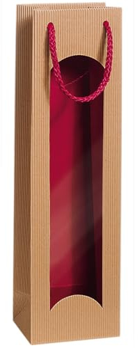 [BOXXCO] 20 Stück 1er Geschenktüten Natura/Bordeaux mit Sichtfenster, 0,75-1l Flaschen, 100x80x360 mm, Offene Welle Natur