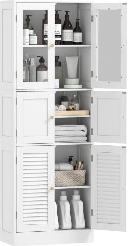 HOMCOM Meuble de Salle de Bain Haut Style Moderne 60x30x170cm Blanc | Colonne Salle de Bain, 6 Portes dont 2 Vitrées et 2 Persiennes, Étagère Réglable, pour Salon, Chambre