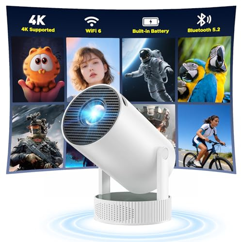Battery Powered Projector, Mini 4K Projectors with WiFi 6 and Bluetooth 5.2, 220° Rotatable Stand Auto Keystone, Android 11 Smart Portable Projector for Bedroom Home Cinema Outdoor Camping