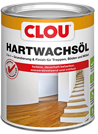 Clou Hartwachsöl farblos: Strapazierfähiges Holzöl für Innenbereiche, 2 in 1 Grundierung & Finish für Arbeitsplatten, Parkett, Treppen & Möbel, 0,75 L