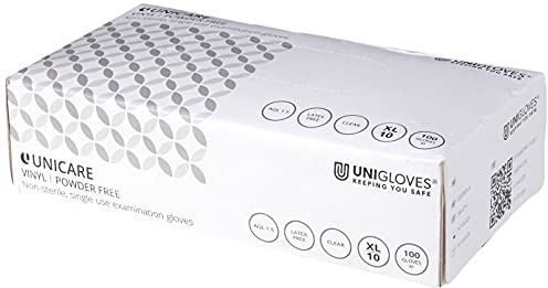 Unigloves Unicare Clear Vinyl GS0065 Examination - Multipurpose, Powder Free and Latex Free Disposable Gloves, Box of 100 Gloves, Clear, Extra Large