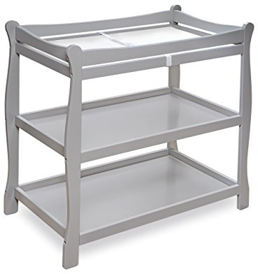 Badger Basket Sleigh Style Baby Changing Table - Nursery Diaper Station with Safety Rails, Foam Pad, and Two Storage Shelves - Nursery Organizer - Gray