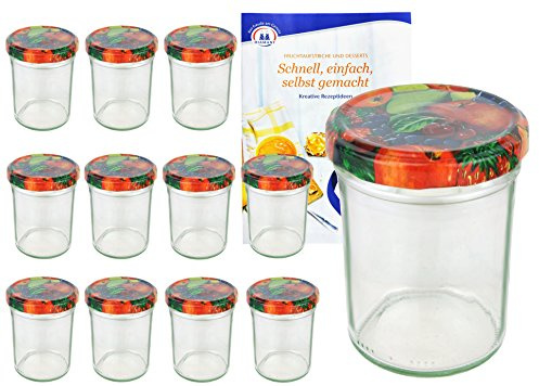 MamboCat 12er Set Sturzgläser 230 ml Hoch Deckelfarbe Obst Dekor to 66 inkl. Diamant Gelierzauber Rezeptheft, Marmeladengläser, Einmachgläser, Einweckgläser, Gläser