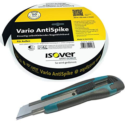 Gardopia Sparpaket - 3 x Isover Vario AntiSpike Nageldichtband 65mm/20m plus 1 x Gratis Nespoli Cutter 18mm (inkl. 3 Klingen)