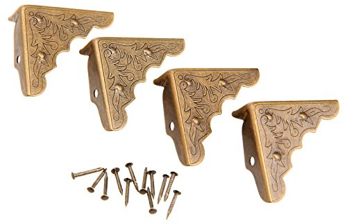 BOWAREPRO 4 Stück Vintage Metall Eckenschutz, Antike Messing Dekorative Kantenschutz, Retro Möbel Ecken Messing, Schutzecken Möbel Zubehör für Kisten Boxen Möbel Regal Tisch (32 x 32 x 11 mm) | Vintage Kantenschutz für Holzschränke, Schmuckschatullen und Möbel, dekorative Metallstreben, rustikaler Tischschutz