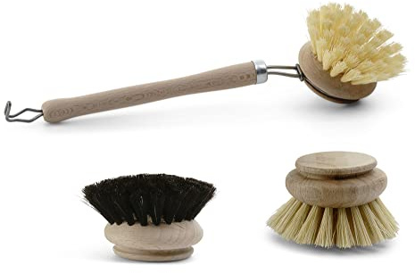 Novaliv 3 TLG Set 1x Spülbürste I 2X Ersatzkopf I Kunstfibre Naturfibre Rosshaar I Holz I groß I Abwaschbürste Küchenbürste Geschirr Bürste Scheuerbürste Putzbürste Bürste Küche