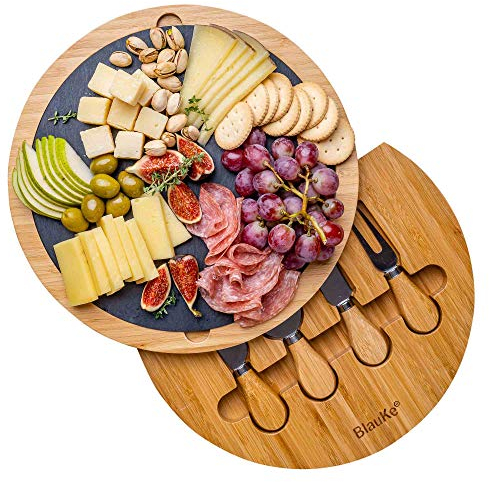 Tabla de Quesos con Utensilios e Plato de Pizarra – Bandeja de Madera para Queso Desayuno Aperitivo – Tabla de Madera de Bambú para Cortar Queso – Tabla de Cortar Cocina – Bandejas para Servir Comida