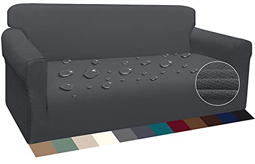 Earnmore Wasserdicht Sofabezug 2 Sitzer Verdickte Stretch Sofahusse Hunde und Katzen Rutschfester Möbelschutz mit Schaumstangen für Wohnzimmer Anti Rutsch (3 Sitzer,Grau)