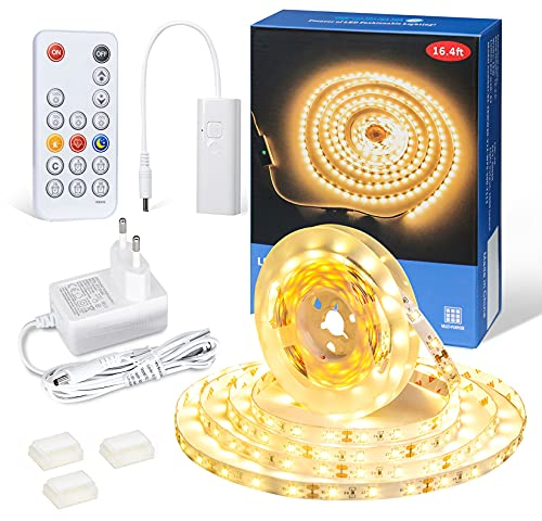 WOBANE Tira Led Blanco Cálido 3000K, 5m Tiras de Luces Led con Mando a Distancia, Tira Led Cocina Regulable, 12V Kit de Tira de Luz Led Adhesivas con Enchufe para Estanterías,Escaparate,Bar, 300 LEDs