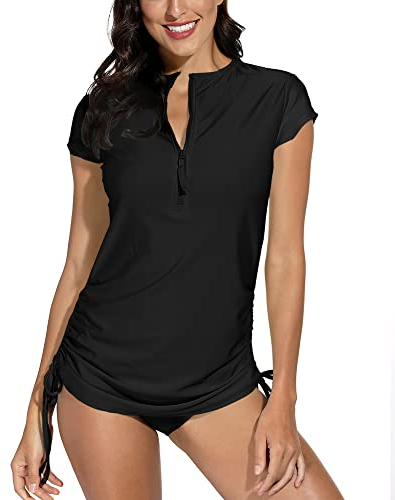 BesserBay Damen Bademode Rash Guard UV Shirts Kurzarm Schwimmshirt UPF 50+, Dunkel, Gr.- 40 EU/Large