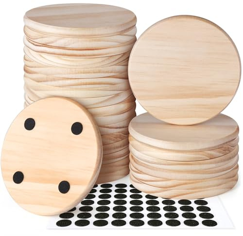 24 Stk Unbearbeitete Holzuntersetzer, Massive Holzrohlinge für Lasergravur | 10 cm Einteilige Holz-Scheiben Wohndekor Mit Rutschfesten Pads für DIY, Holzbrand, Beizen, Malerei, Hochzeit, Rund
