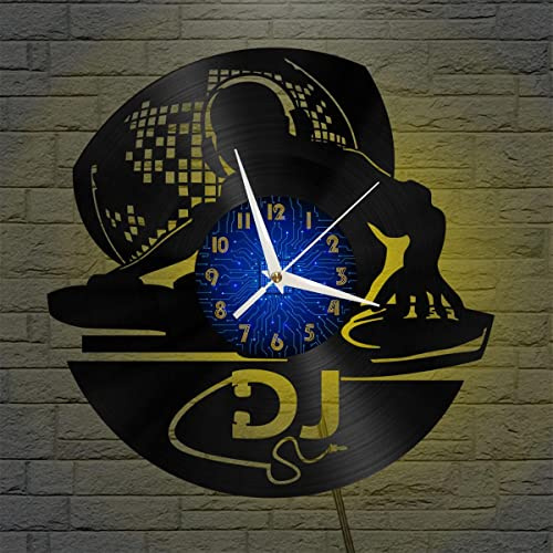 YHDE Disco DJ DJing 10 Orologio da parete in vinile, orologio da parete in vinile silenzioso e senza ticchettio (B、Con luce a LED