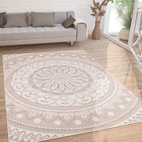 Paco Home Outdoor Teppich wetterfest & robust modernes Mandala & Boho Design pflegeleicht & flachgewebt für Balkon, Terrasse, Garten, Wohnzimmer & Küche Ethno Mandala, Grösse:200x280 cm, Farbe:Sand