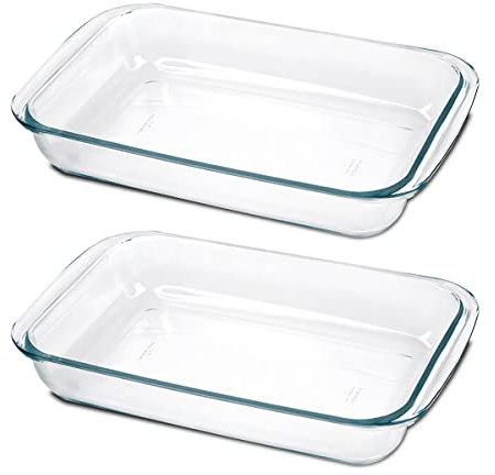 Paquete de 2 Bandejas de horno rectangular, Fuente para gratinar, Molde para hornear de Cristal, capacidad 1.6 L - Longitud 29.7 x Profundidad 17.8 x Altura 5.1 cm -JUANIO-