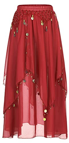 ranrann Femme Jupe Danse du Ventre Fendue Élastique Mousseline Costume Danse Orientale Performance A Rouge Taille Unique