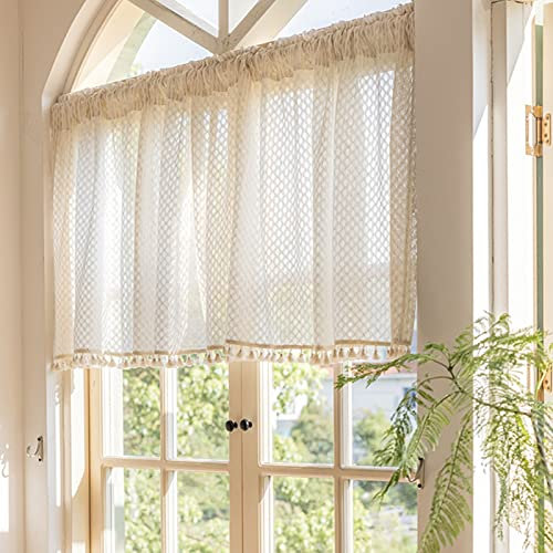Leinen Volant scheibengardine mit Quaste, Sichtschutz kurzstores gardinen , durchscheinender café vorhang für, halbe gardine küche, Fenster-Volant, Bauernhaus-Heimdekoration ( Color : Beige A , Size :