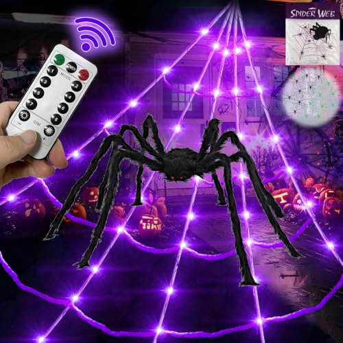 5Ft Giant Spider 20*17FT Halloween Spider Web 150 Led Purple Lights Light Up Lighted TriangularBattery Operated Waterproof with 200sqft Cobweb and 20 Small Spiders for Indoor and Outdoor Decor