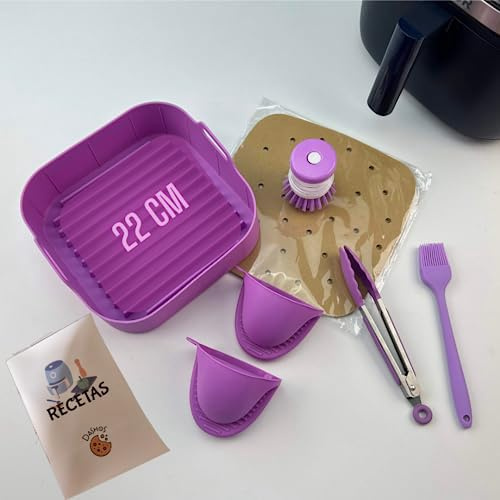 Accesorios freidora de aire (7 Piezas) Compatible con COSORI DUAL BLAZE,Princess 8 L, COSORI TURBOBLAZE Incluye Molde de Silicona de 22 cm. Sin BPA(Morado Pack). LIBRO EN ESPAÑOL. air fryer accesorios