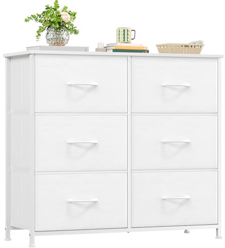 Somdot Chest of Drawers for Bedroom with 6 Drawers, Wide Storage Organizer Fabric Dresser for Closet Nursery Bedside Living Room Laundry Entryway Hallway, White Leather