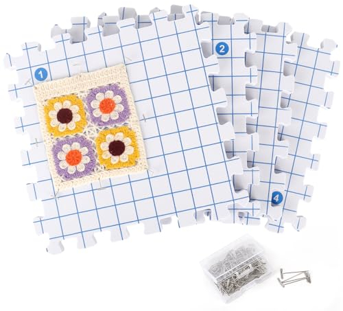 Coopay Spannmatten mit Raster, Blocking Mats 4 Pack Matten zum Spannen mit 100pcs Stabile T-Nadeln für Stricken Häkeln Spitze, Dicke Ineinandergreifende Blockiermatten 28 cm Granny Square Spannen