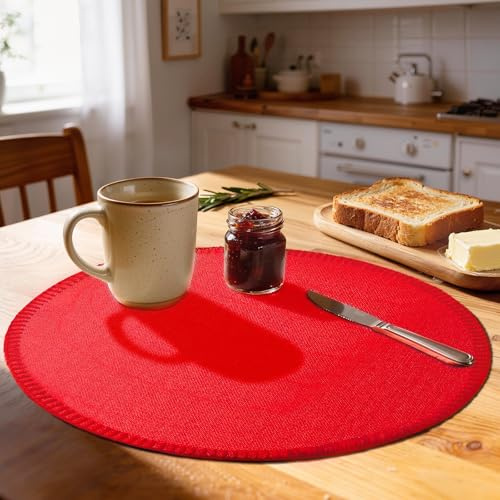 Rinpon Set di 8 tovagliette rotonde in tessuto, in lino rustico, lavabili in lavatrice, resistenti al calore, resistenti alle pieghe, in poliestere spesso, per tavolo da pranzo (rosso)