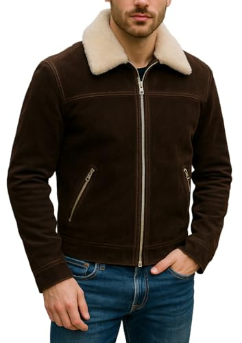 Mens Rick Grimes Walking Season 5 Faux Fur Shearling Collar Brown Suede Leather Biker Jacket, X-Large