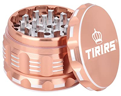 TIRIRS 2.5 Inches 4 Pieces Premium Herb Grinder - Aluminium Large Spice Grinder with Pollen Catcher, Comes with Pollen Scraper and Cleaning Brush, Rose Gold
