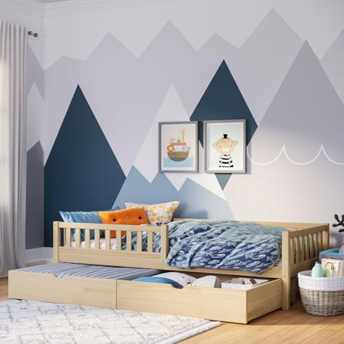 Bellabino Vils Kinderbett 90x200 cm, Schublade, Natur, Massivholz Kiefer | Kinderbett mit Rausfallschutz & Lattenrost, Montessori-Bett, massives Kieferholz, Bett für Jungen und Mädchen, Bettrahmen