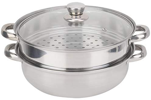 ANSNOW 2 Tier Stainless Steel Steamer, 27Cm Large Multi Layer Stock Pot Cooker Steamer, Double Boiler Soup Steaming Pot, with Toughened Glass Lid, for All Hobs, Silver