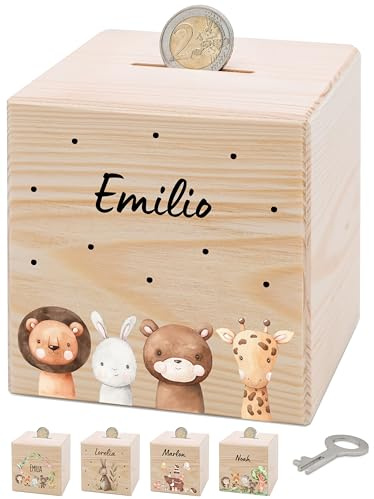 Bärenfreunde® - Personalisierte Spardose Kinder aus Holz mit Metallschloss - Spardose mit Namen mit kinderfreundlichem UV-Druck zum Sparen für Kinderträume (4 Tiere Punkte)