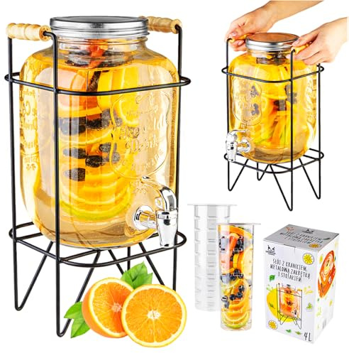 Distributore di Bevande con Rubinetto Antigoccia - Dispenser per Bevande d'acqua in Vetro con Supporto e Coperchio - Distributore per Limonata da 4 litri