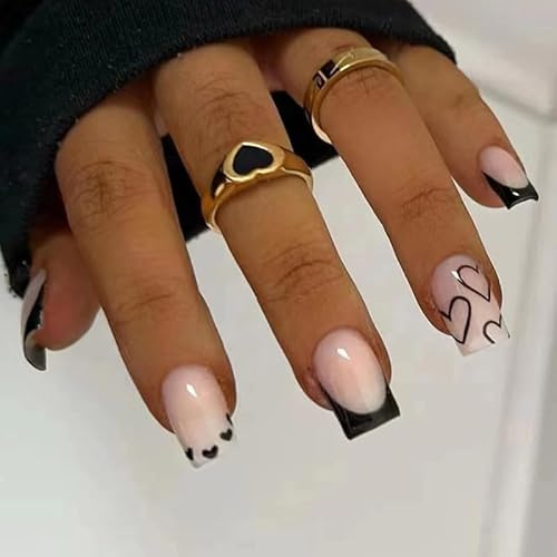 Goiern 24pcs French Tip Press on Nails Kurz Quadrat Fake Nails Kurz Schwarz Acrylnägel mit weißem Herzen Design Kleben Sie an Nägeln künstlicher Vollcever Hochglanzkleber