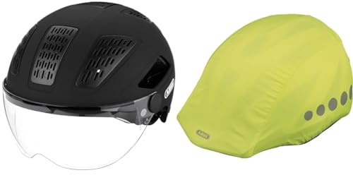 ABUS 86934 Fahrradhelm, Schwarz (Velvet Black), M (52-58 cm) & Regenkappe für Helme - Regenschutz mit dekorativen Reflektoren und Gummizug - wasserabweisend – Gelb