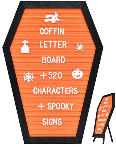 Coffin Letter Board - 520 Characters Spooky Halloween Characters with Wooden Stand and Canvas Bag - 16x11 Inches - Felt Message Board for Home Office Halloween Supplies & Decor (Orange)
