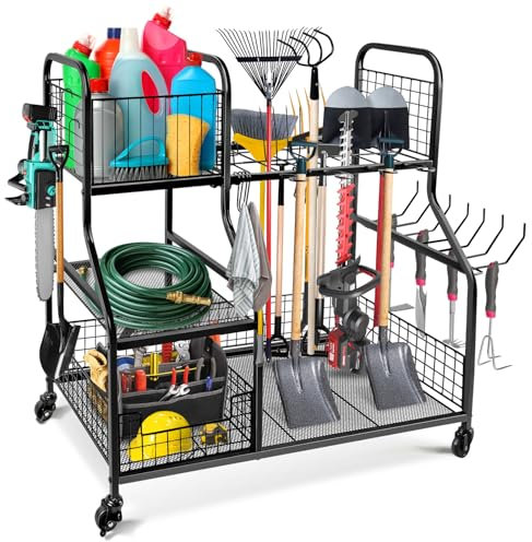 Kalolary Garden Tool Storage Organizer for Garage, 3 Tier Storage Holder Tool with Wheels, Large Garden Tool Rack with Extra Storage Basket for Garden/Shed/Garage/Yard/Basement/Lawn