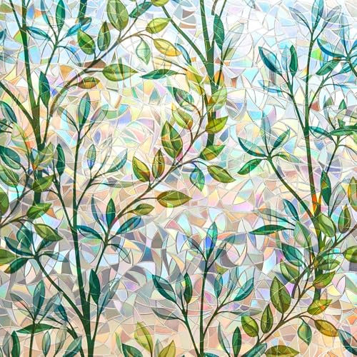 FINNEZ Window Film - Self-adhesive Static Film, Colorful Opaque Privacy Film, Anti-UV Rainbow Optics with Small Grass Motif, Decorative Film for Living Room Kitchen Office,44.5x200cm