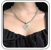 TseenYi Heart Ball Bead Chain Necklace Silver Heart Pendant Necklace Punk Filigree Heart Necklace Chunky Beaded Ball Chain Necklace Thick Ball Chain Link Choker Necklace