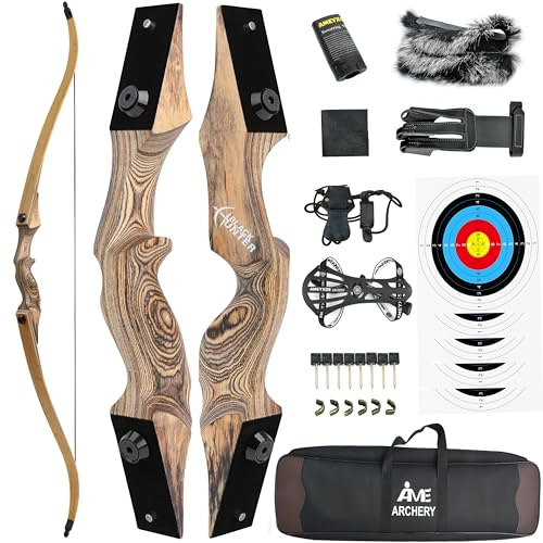60 Black Hunter Recurve-Bogen Holz-Takedown-Bogen für Rechts-/Linkshänder für Erwachsene Amerikanischer Jagd-Langbogen 20-60 lbs für Bogenschießen, Jagd (Rechte Hand,Holz,45 Pfund)