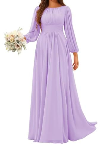 Vestido de princesa de manga larga para dama de honor, plisado, de gasa, formal, para fiesta de noche, ZM143, Lila, 60 Grande