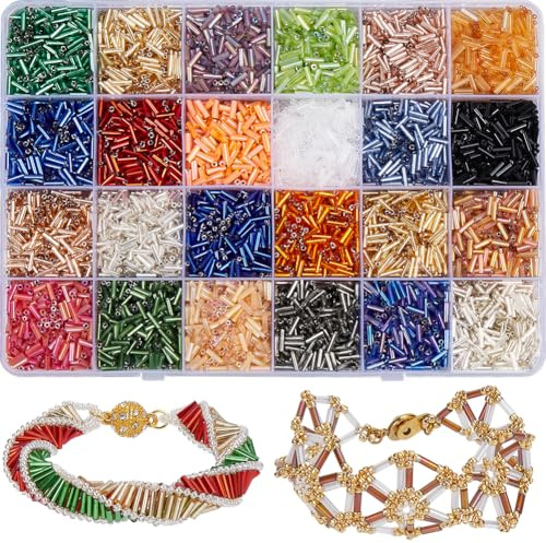 SOFPLATE 1 Scatola Circa 290g + 7200 Pezzi + 24 Stili Perline di Tromba 7mm Perline di Tubo Colorate in Vetro Piccole Colonne Lunghe Miste Kit Distanziatori per La Creazione di Gioielli Risultati Fai