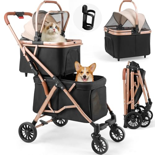 MAMIZO 4-i-1 vikbar hundvagn, 2 våningar, husdjur buggy upp till 15 kg, kattvagn för 2 hundar/katter, 4 st slitstarka PU-hjul, hundbur, transportväska, svart